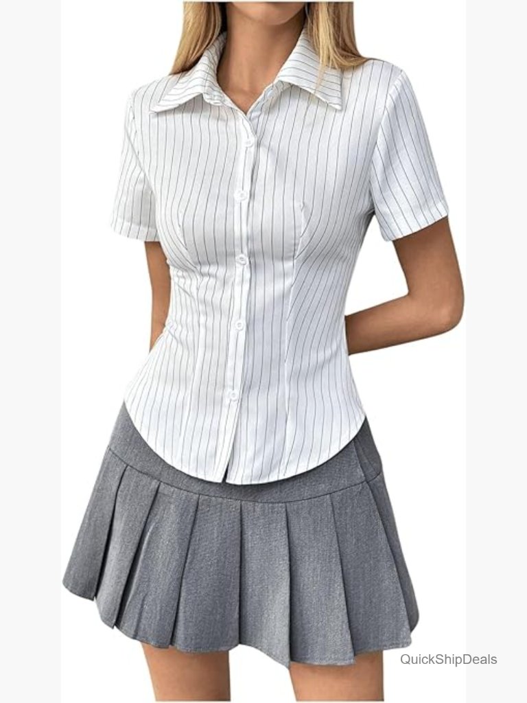 Polyester Striped Button Down Shirt Short Sleeve Collared Fitted Blouse